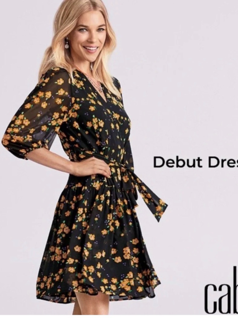 CAbi Black Mini Dress with Yellow Floral Print